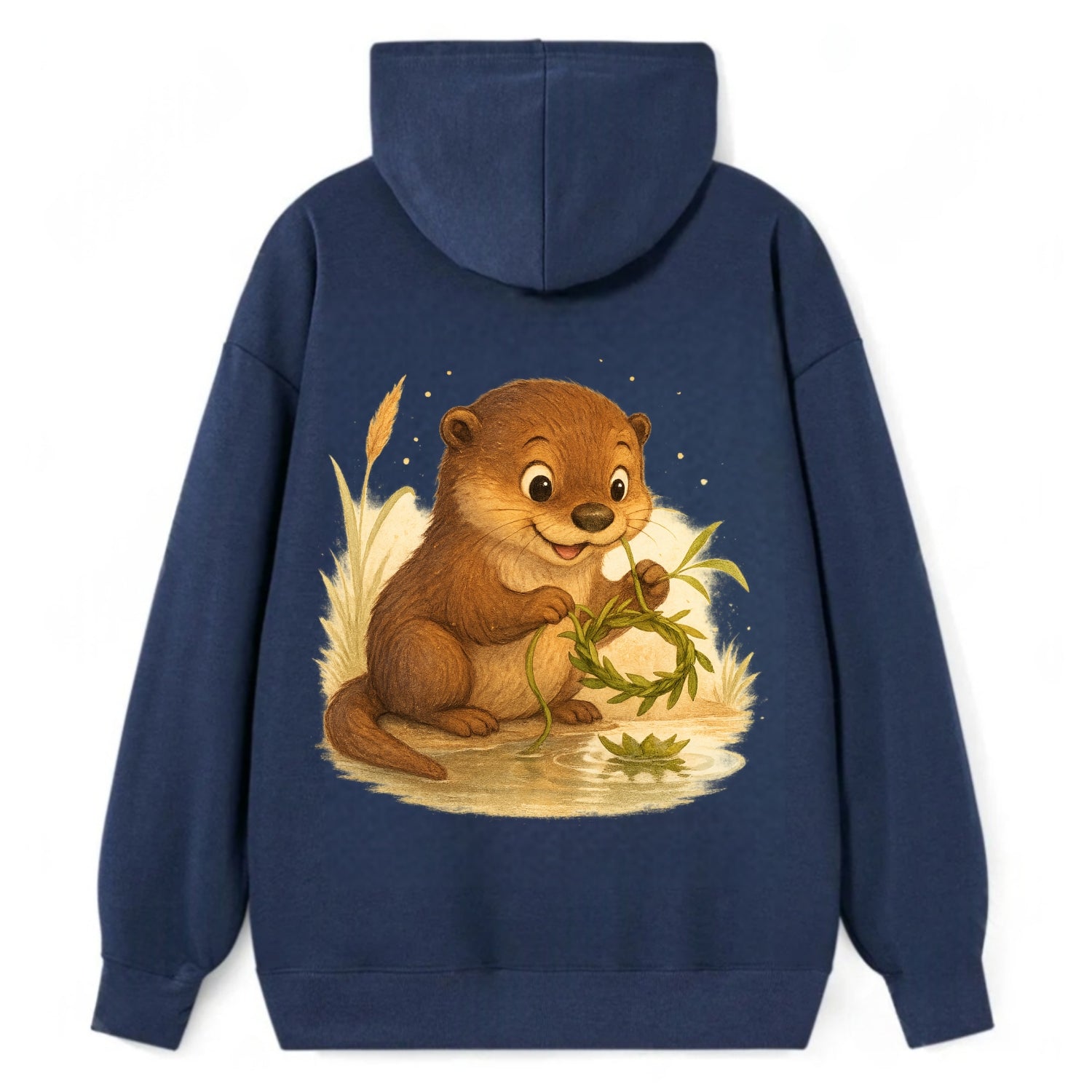 Otter weaving river reeds into a floating crown beside mirror-still water - Classic Pullover Hoodie - Navy