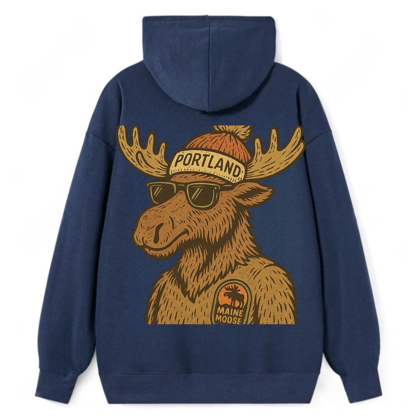 Maine Moose wearing Portland beanie with pom pom and wayfarer sunglasses - Classic Pullover Hoodie - Navy