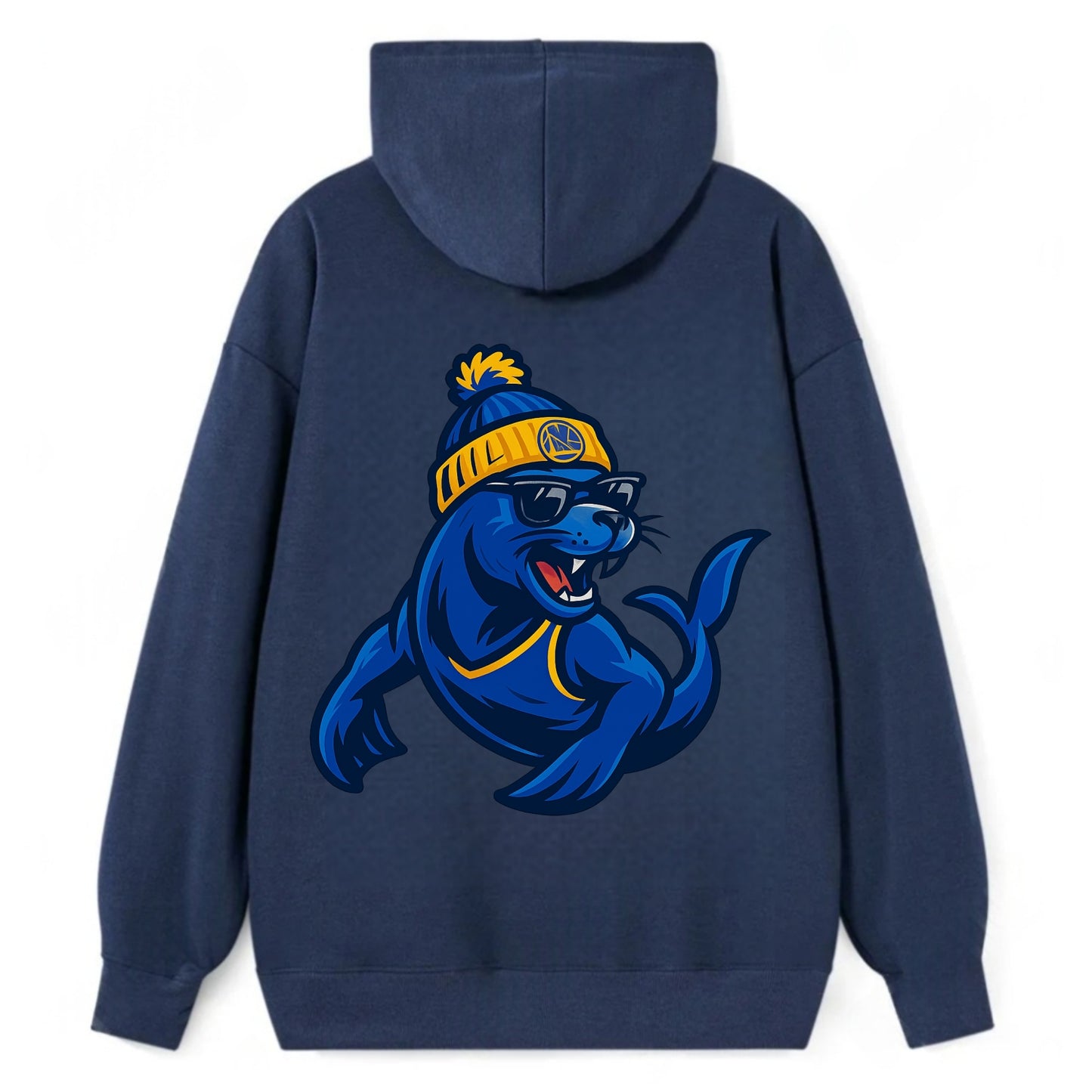 Bay Area Sea Lion wearing Warriors blue and gold beanie with Golden Gate - Classic Pullover Hoodie - Navy