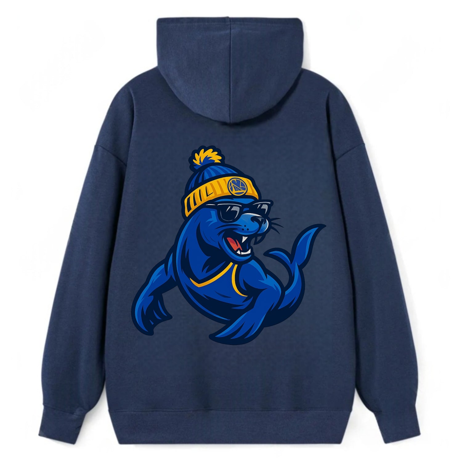 Bay Area Sea Lion wearing Warriors blue and gold beanie with Golden Gate - Classic Pullover Hoodie - Navy