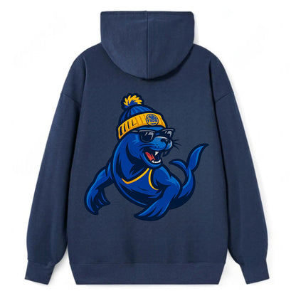Bay Area Sea Lion wearing Warriors blue and gold beanie with Golden Gate - Classic Pullover Hoodie - Navy
