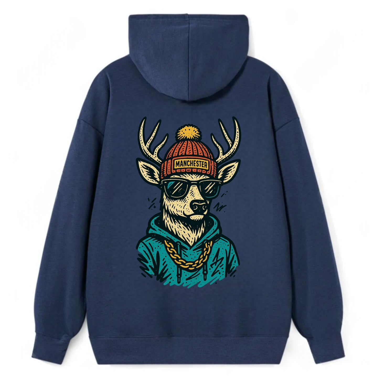 New Hampshire White-tailed Deer wearing Manchester beanie with pom pom - Classic Pullover Hoodie - Navy