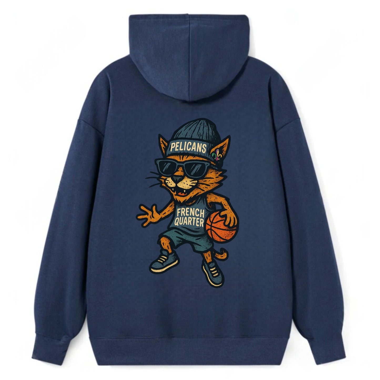 French Quarter Cat wearing Pelicans beanie with Mardi Gras patch and - Classic Pullover Hoodie - Navy