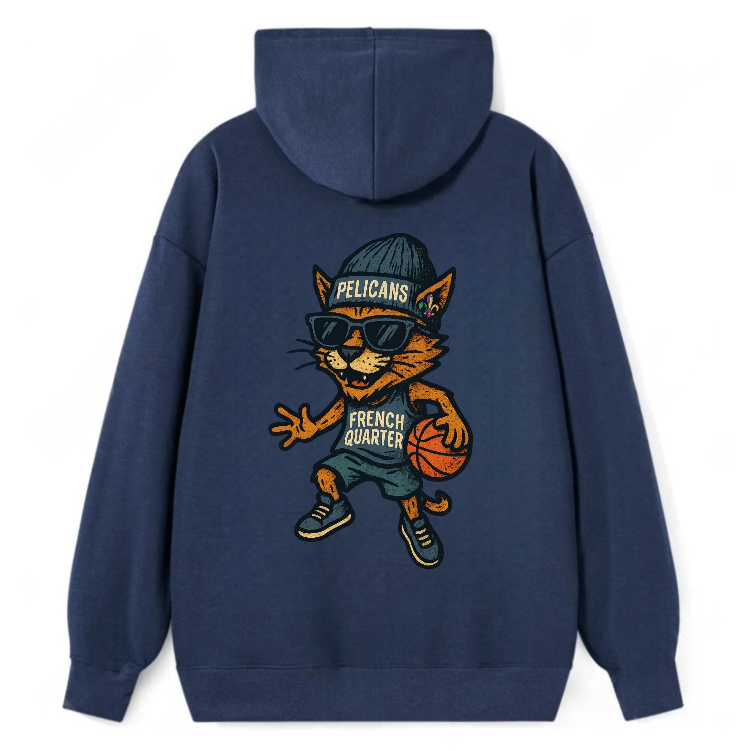 French Quarter Cat wearing Pelicans beanie with Mardi Gras patch and - Classic Pullover Hoodie - Navy