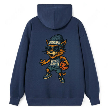 French Quarter Cat wearing Pelicans beanie with Mardi Gras patch and - Classic Pullover Hoodie - Navy
