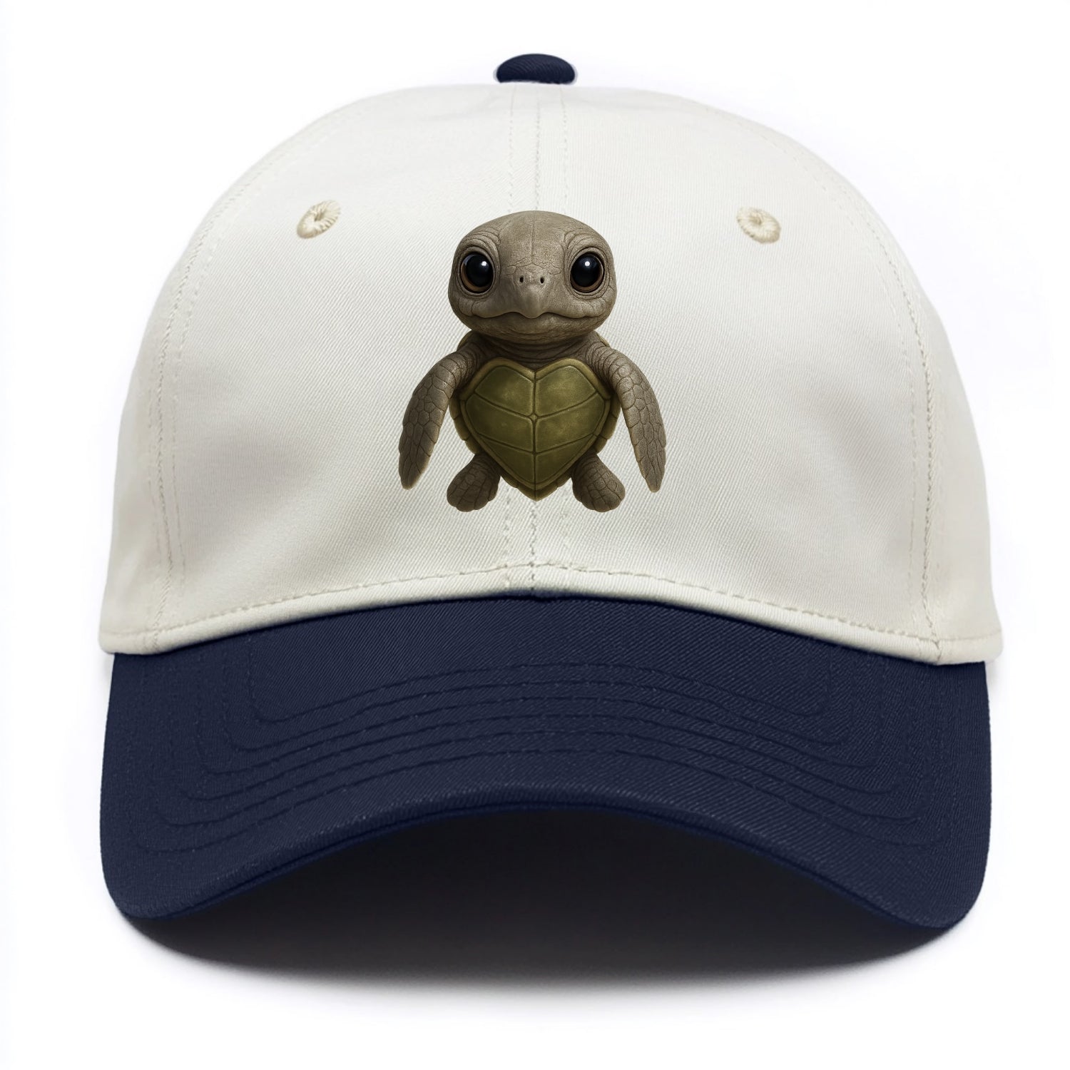Baby Olive Ridley Turtle - olive green shell, heart-shaped carapace, bright eyes, - Two Tone Cap - Navy