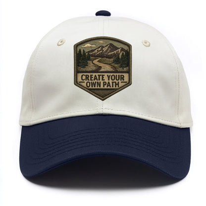 CREATE YOUR OWN PATH - trail with text in brown , independence - Two Tone Cap - Navy