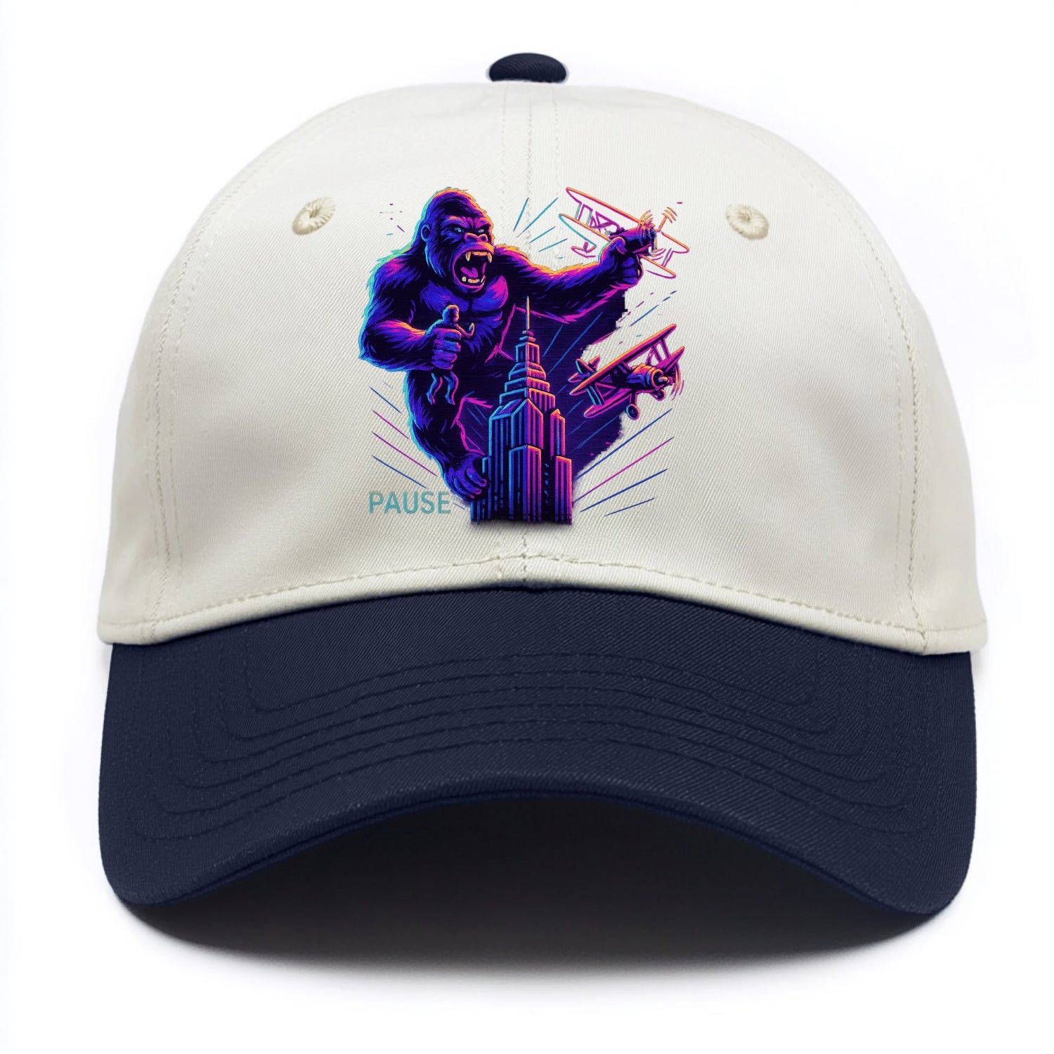 giant gorilla on top of skyscraper holding small figure, swatting planes - Two Tone Cap - Navy