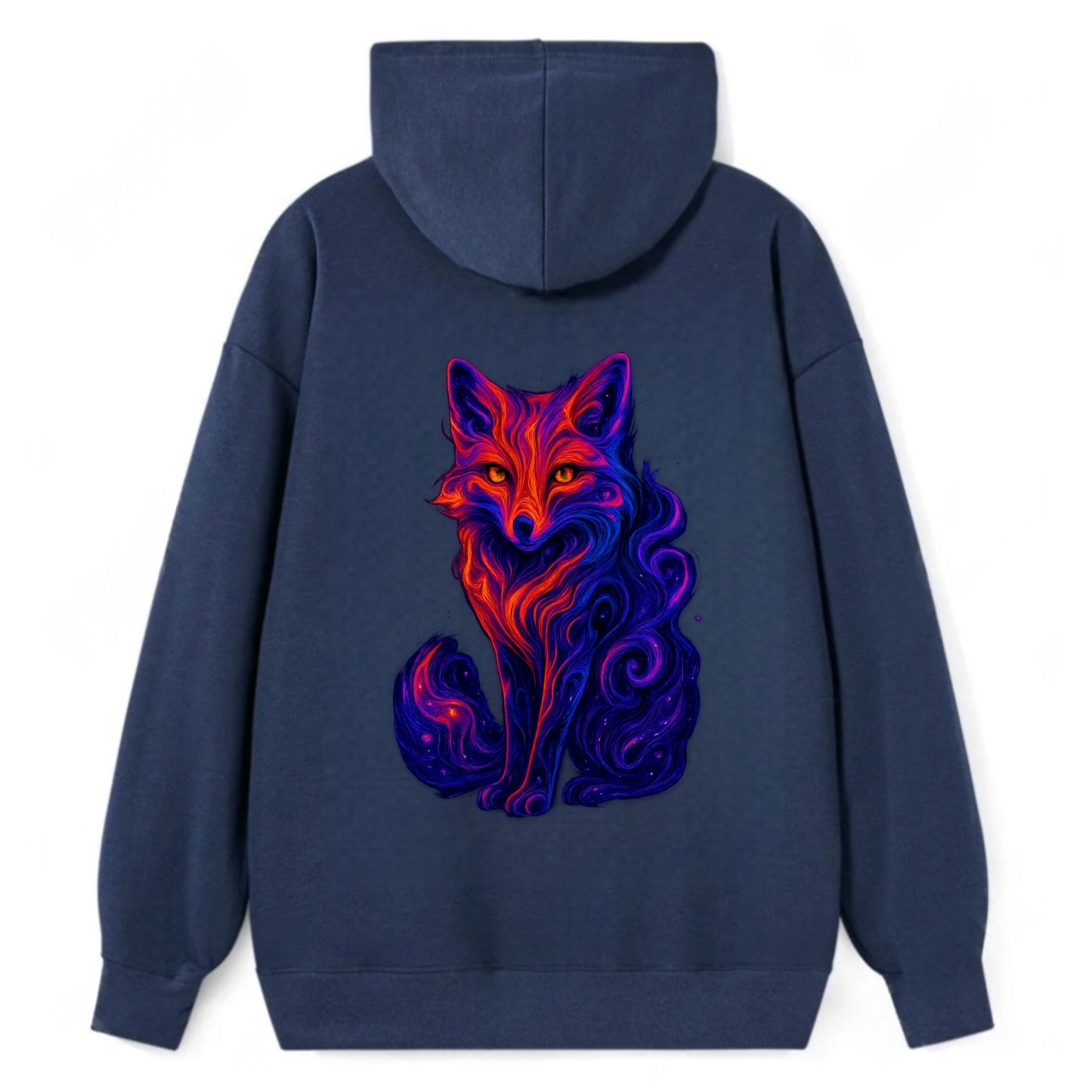 Clever fox with tail dissolving into cosmic nebula swirls, orange to - Classic Pullover Hoodie - Navy