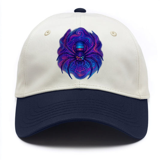 Tech spider with legs showing circuit board patterns, web glowing in neon grid - Two Tone Cap - Navy