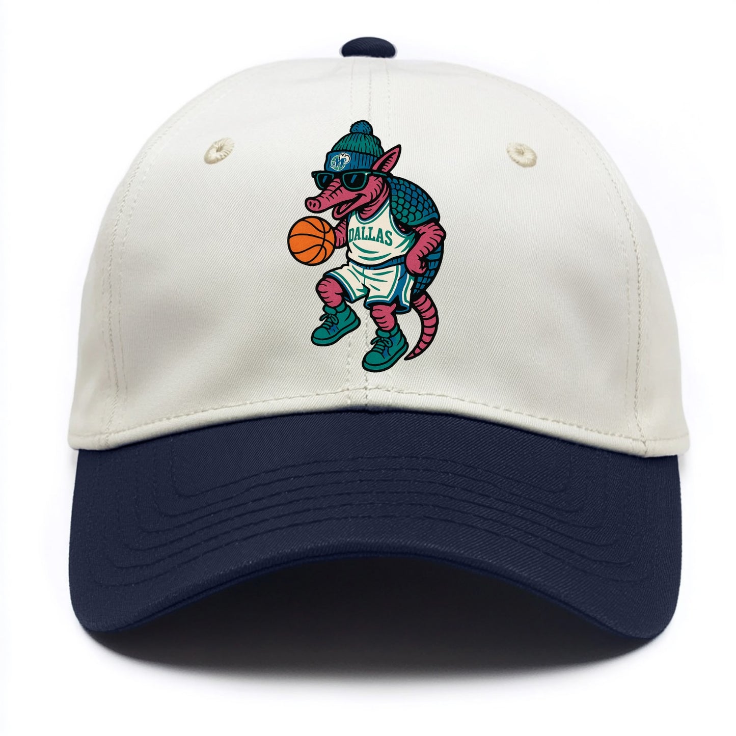 Dallas Armadillo wearing Mavericks beanie with cowboy hat patch and wayfarer - Two Tone Cap - Navy