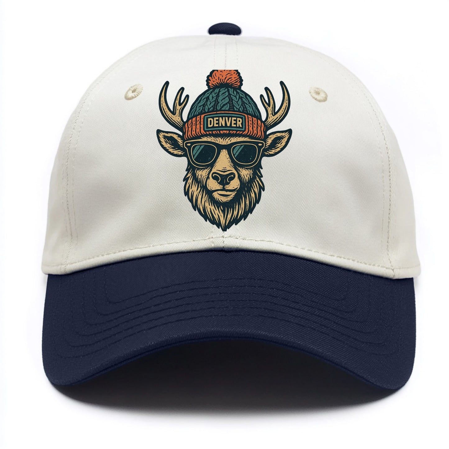 Denver Elk wearing Denver beanie with pom pom and wayfarer sunglasses - Two Tone Cap - Navy