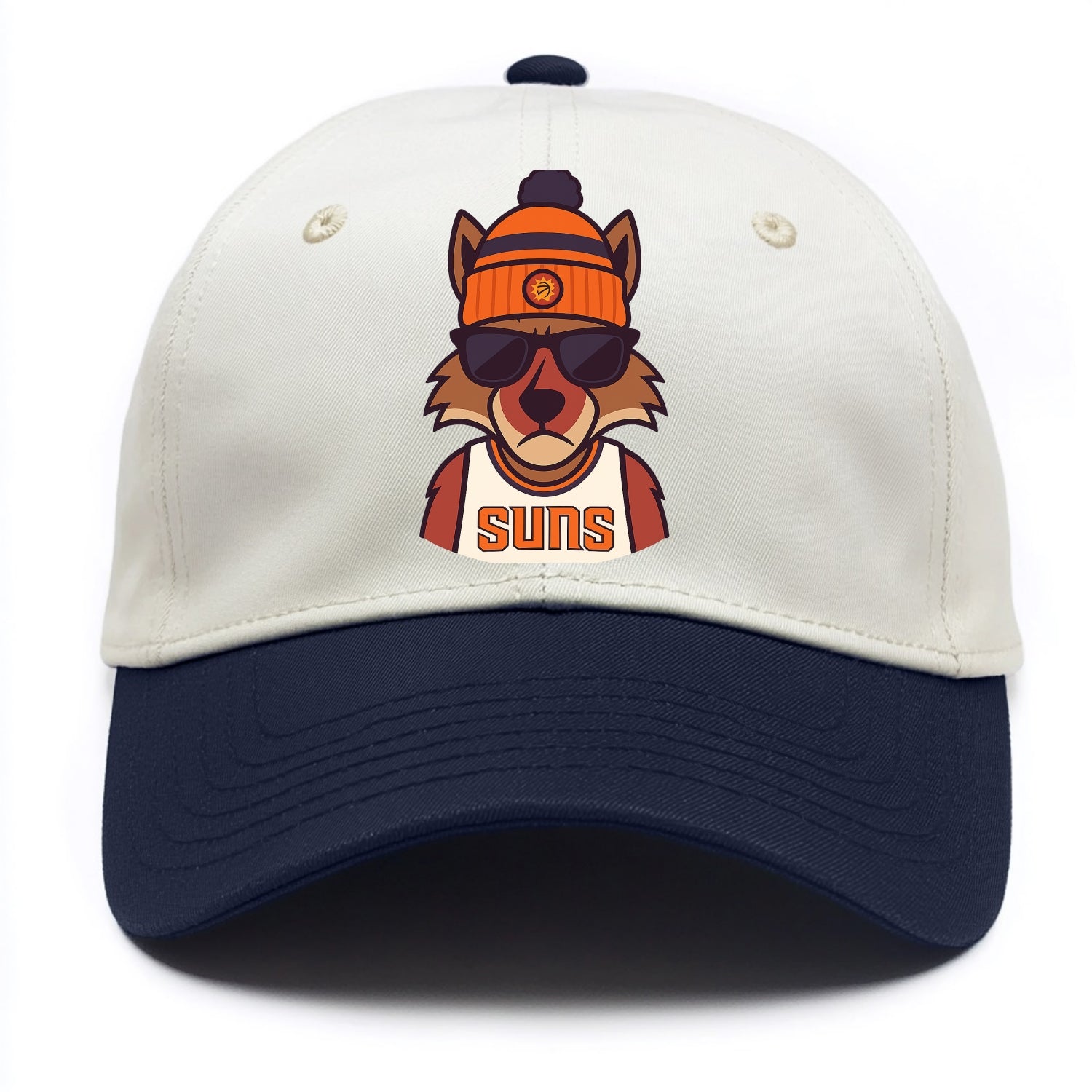 Arizona Coyote wearing Suns beanie with desert sun patch and wayfarer sunglasses - Two Tone Cap - Navy