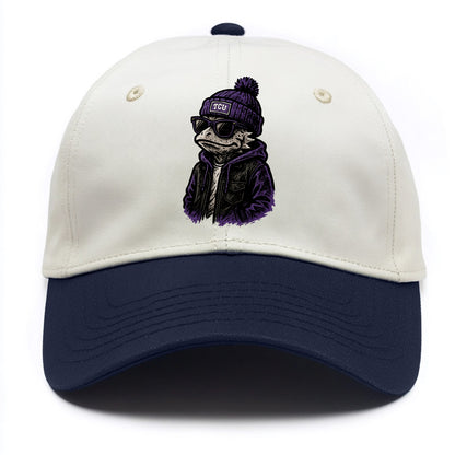Fort Worth Frog wearing TCU beanie with horned patch - Two Tone Cap - Navy