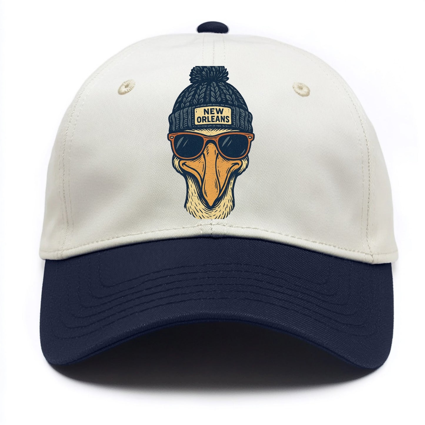 New Orleans Pelican wearing New Orleans beanie with pom pom and wayfarer sunglasses - Two Tone Cap - Navy