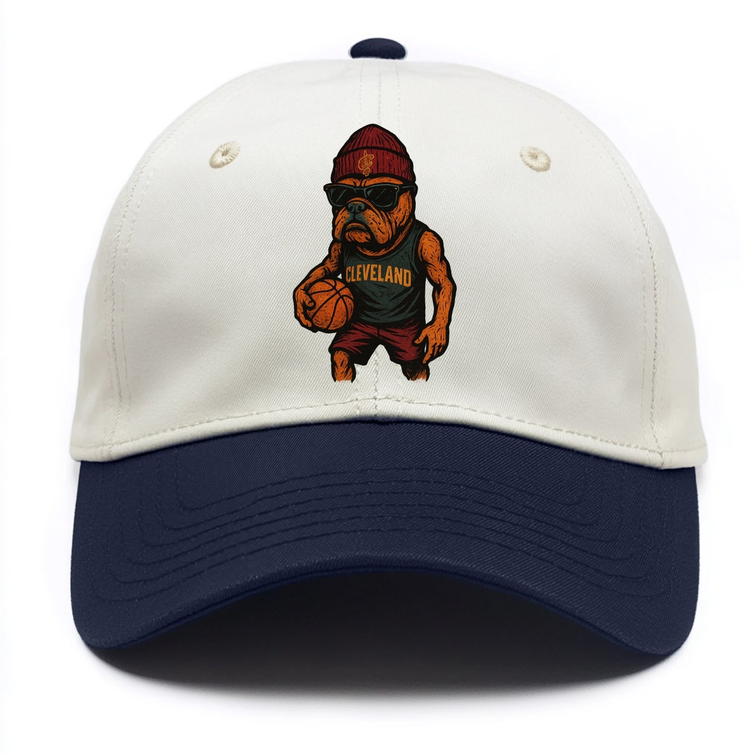 Cleveland Bulldog wearing Cavaliers wine and gold beanie with sword patch and - Two Tone Cap - Navy