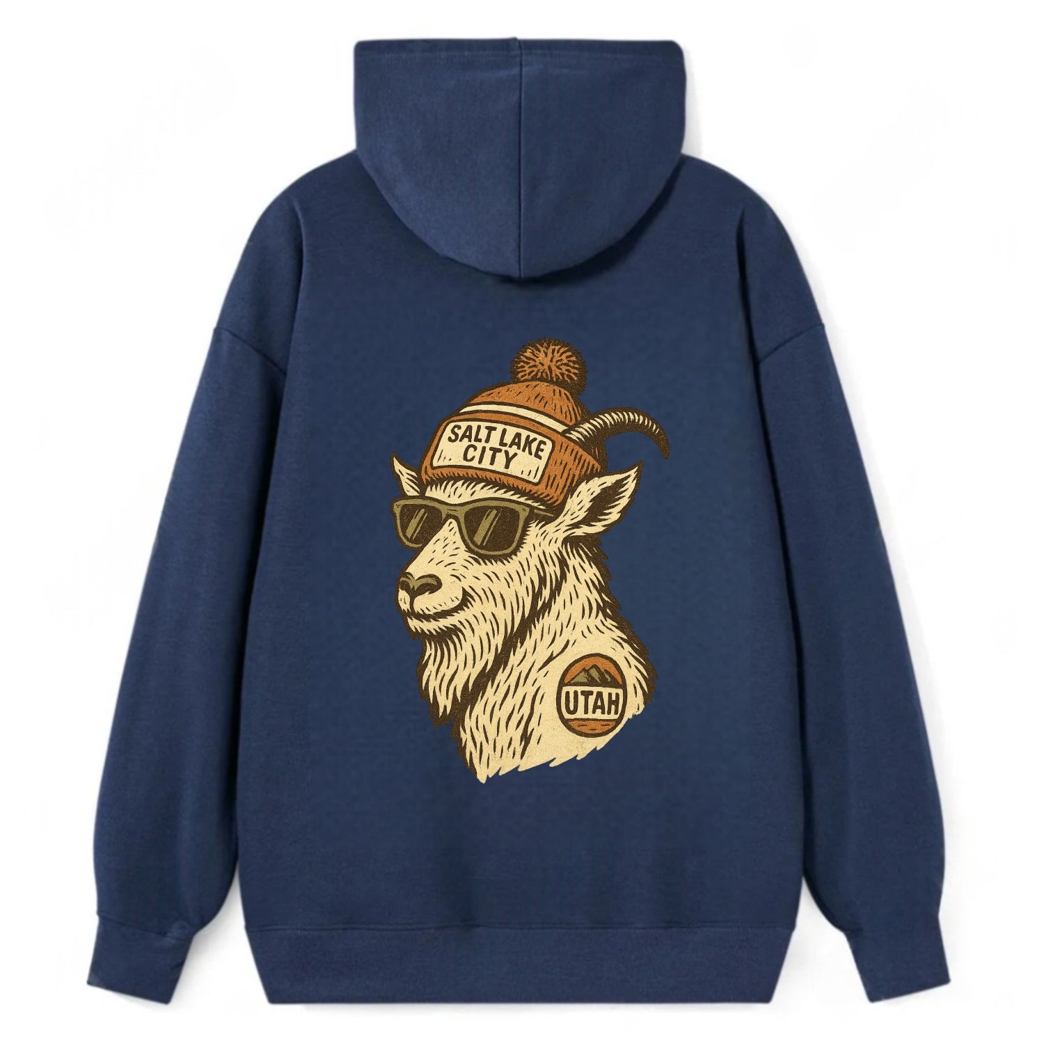 Utah Mountain Goat wearing Salt Lake City beanie with pom pom and - Classic Pullover Hoodie - Navy