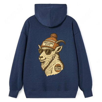 Utah Mountain Goat wearing Salt Lake City beanie with pom pom and - Classic Pullover Hoodie - Navy