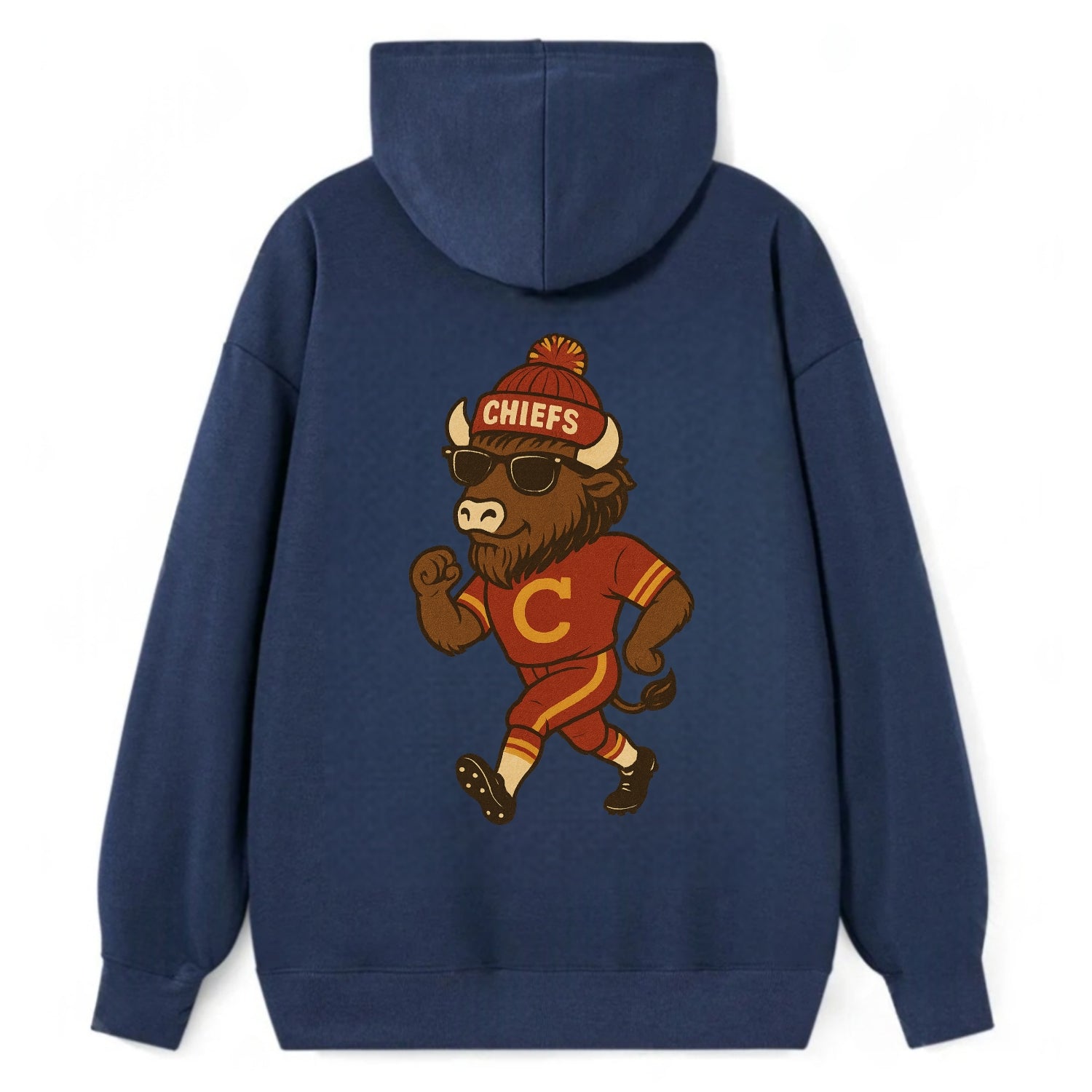 KC Bison wearing Chiefs beanie with arrowhead patch and wayfarer - Classic Pullover Hoodie - Navy