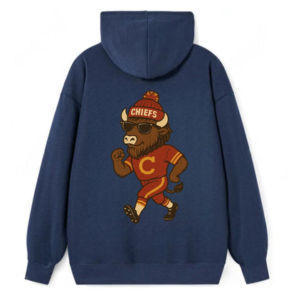 KC Bison wearing Chiefs beanie with arrowhead patch and wayfarer - Classic Pullover Hoodie - Navy