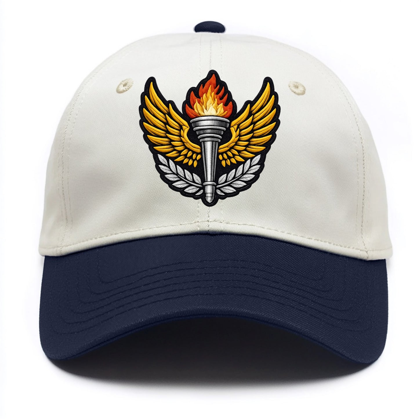 Embroidered patch design - TRACK AND FIELD TORCH - Olympic style torch with wings in - Two Tone Cap - Navy