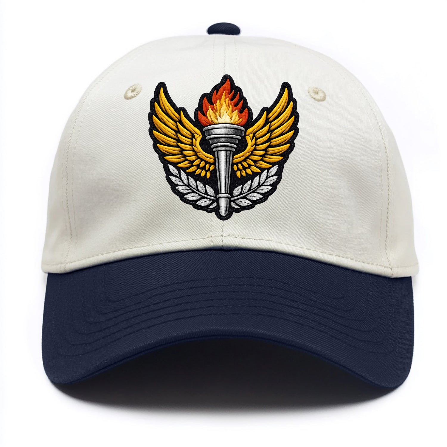 Embroidered patch design - TRACK AND FIELD TORCH - Olympic style torch with wings in - Two Tone Cap - Navy