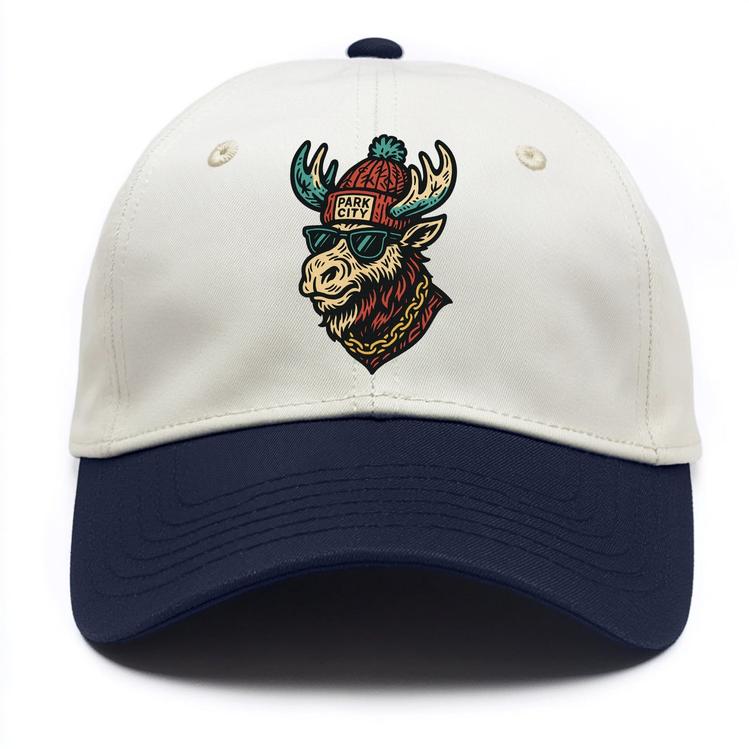 Park City Moose wearing Park City beanie with pom pom and wayfarer sunglasses - Two Tone Cap - Navy