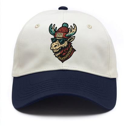 Park City Moose wearing Park City beanie with pom pom and wayfarer sunglasses - Two Tone Cap - Navy