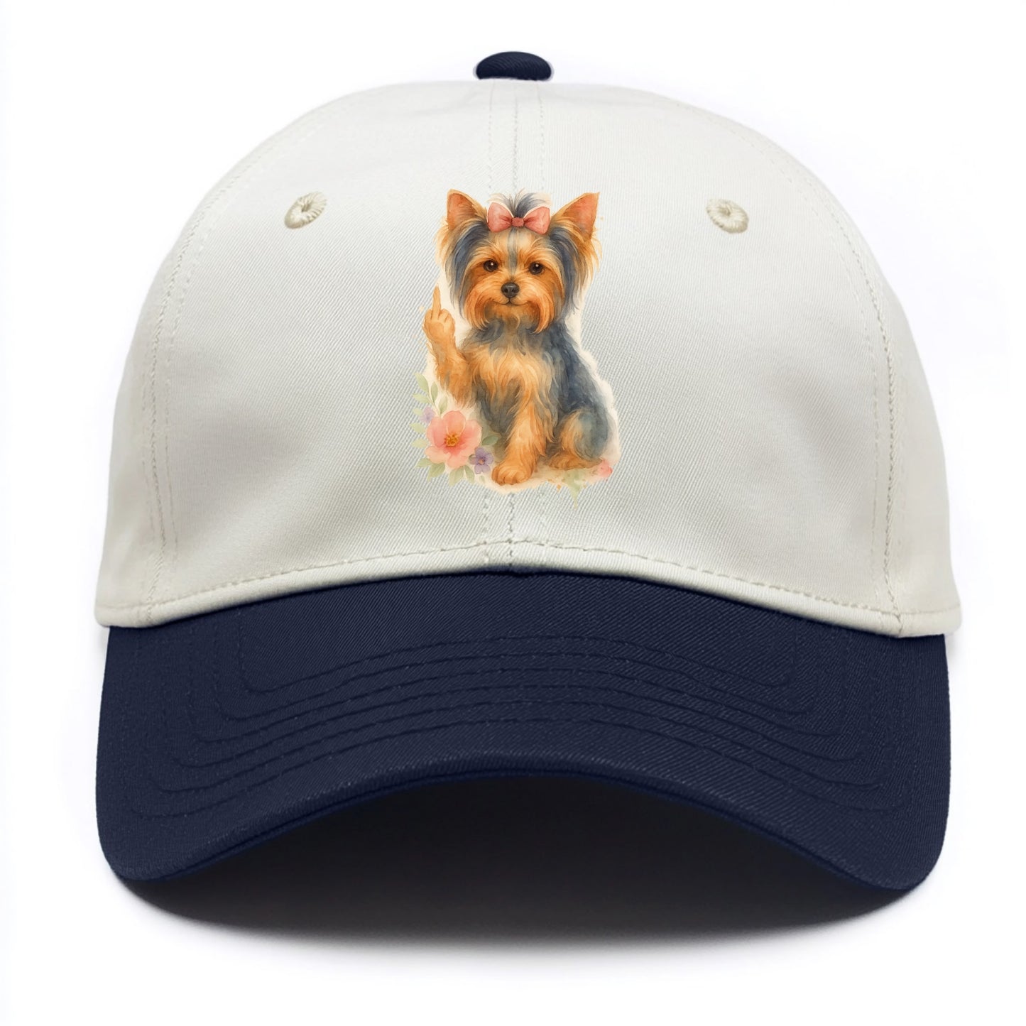 Yorkshire Terrier with topknot bow, one delicate paw flipping off - Two Tone Cap - Navy