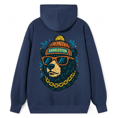 West Virginia Black Bear wearing Charleston beanie with pom pom and - Classic Pullover Hoodie - Navy