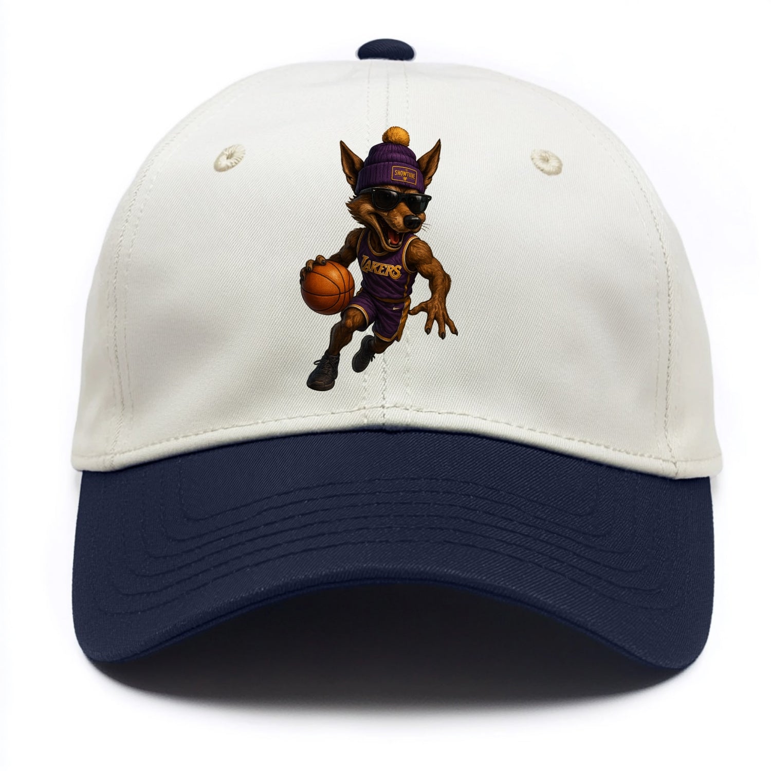 Hollywood Coyote wearing Lakers beanie with Showtime patch and wayfarer sunglasses - Two Tone Cap - Navy