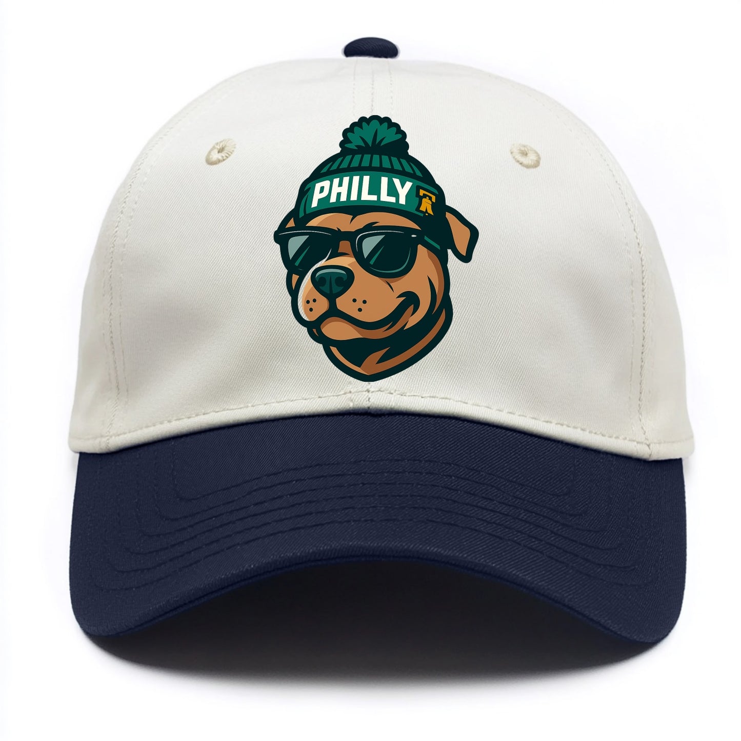 Philly Pitbull wearing Eagles beanie with Liberty Bell patch and wayfarer sunglasses - Two Tone Cap - Navy