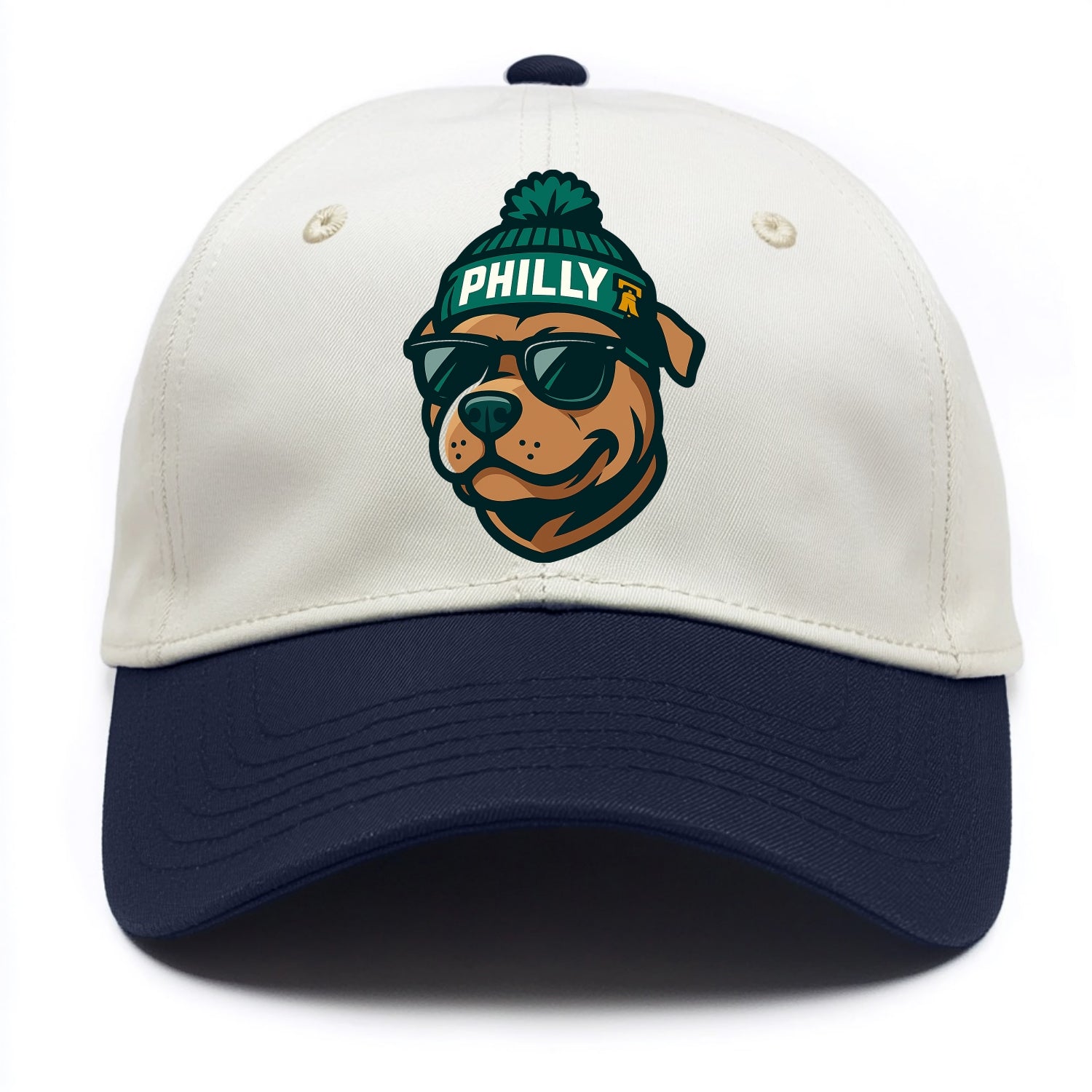 Philly Pitbull wearing Eagles beanie with Liberty Bell patch and wayfarer sunglasses - Two Tone Cap - Navy