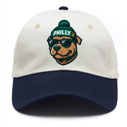Philly Pitbull wearing Eagles beanie with Liberty Bell patch and wayfarer sunglasses - Two Tone Cap - Navy