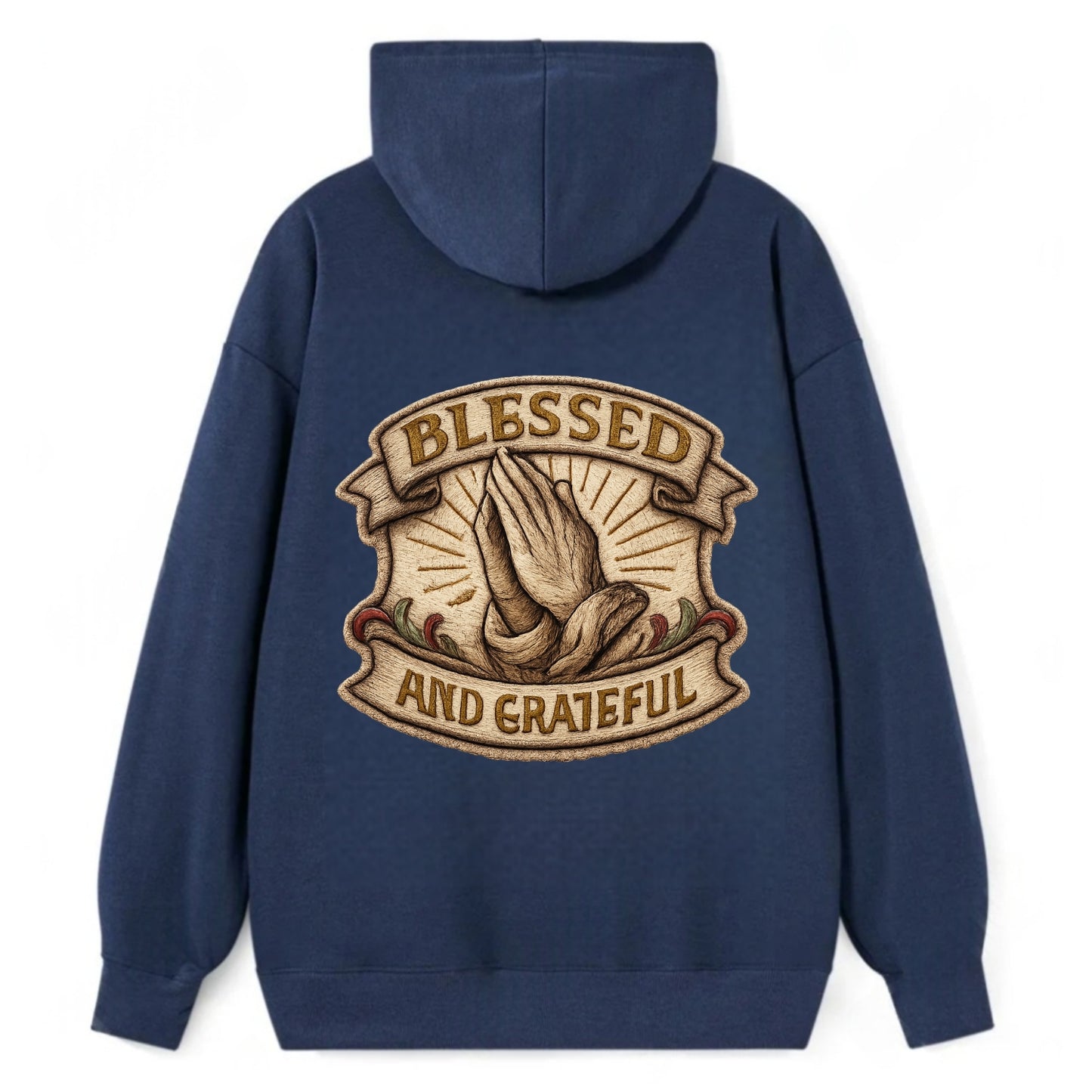 BLESSED AND GRATEFUL - praying hands with text in gold , thankful - Classic Pullover Hoodie - Navy