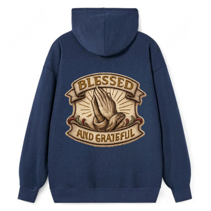 BLESSED AND GRATEFUL - praying hands with text in gold , thankful - Classic Pullover Hoodie - Navy