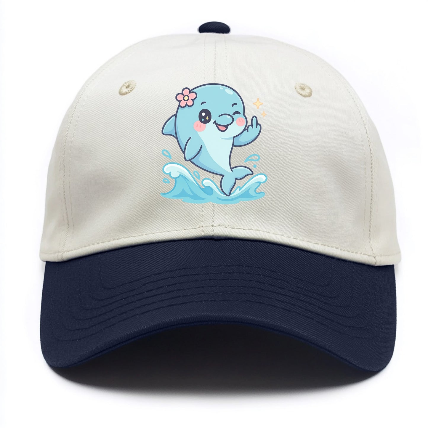 smiling dolphin jumping through ocean waves, one fin up with attitude - Two Tone Cap - Navy