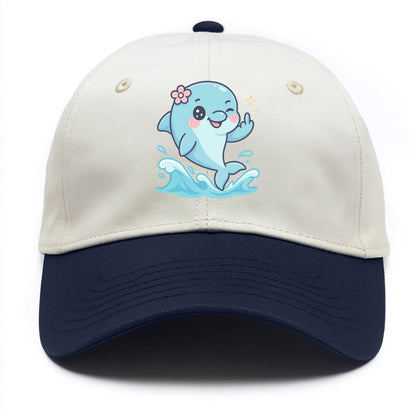 smiling dolphin jumping through ocean waves, one fin up with attitude - Two Tone Cap - Navy