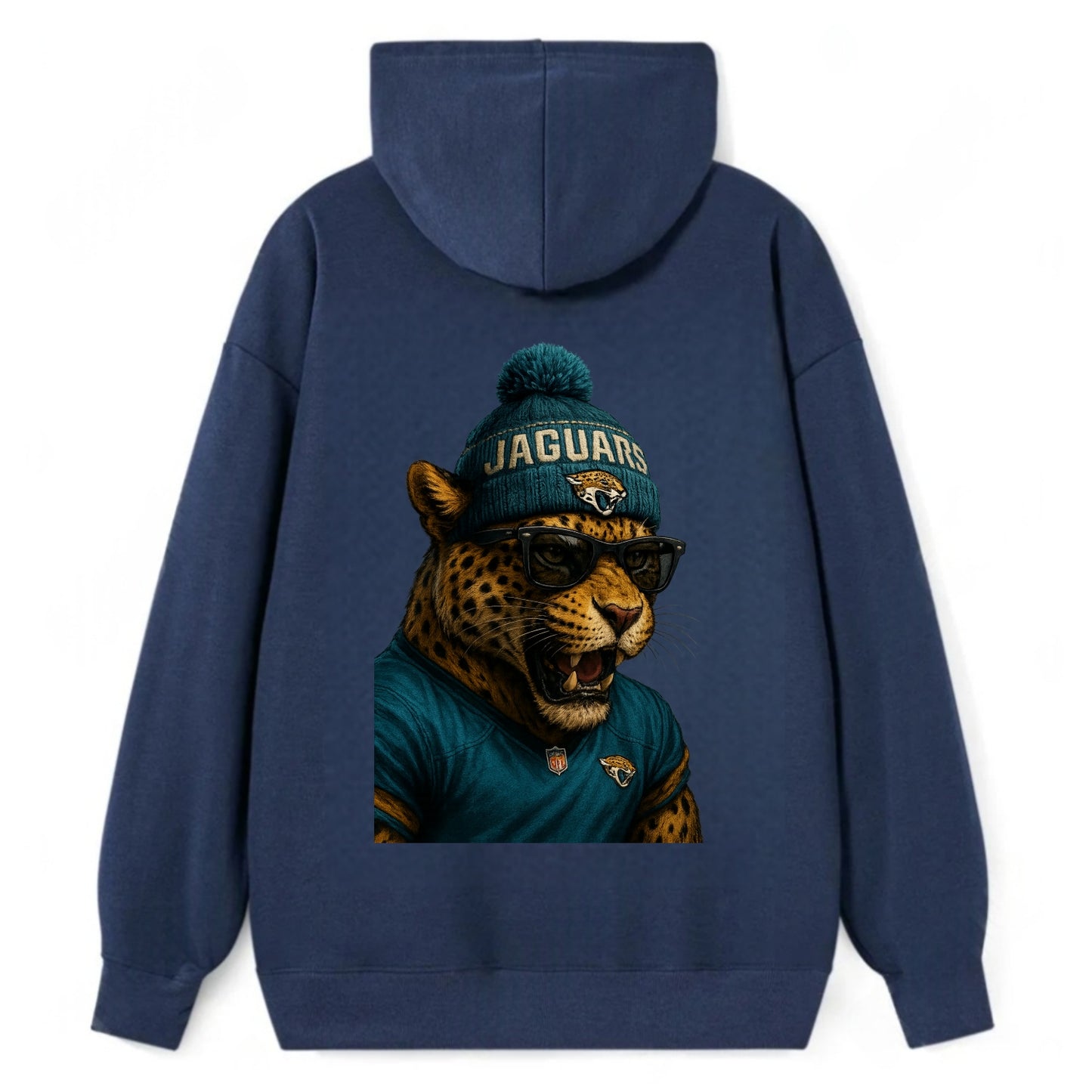 Jacksonville Jaguar wearing Jaguars teal and gold beanie with pom pom and - Classic Pullover Hoodie - Navy