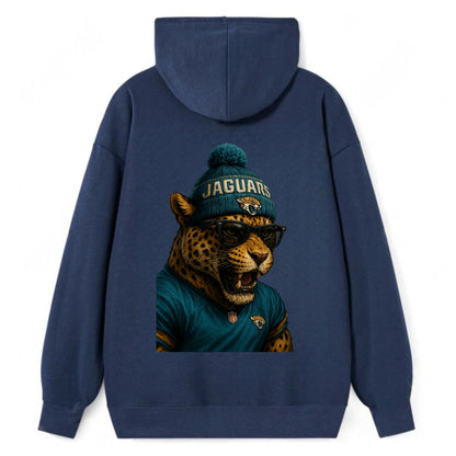 Jacksonville Jaguar wearing Jaguars teal and gold beanie with pom pom and - Classic Pullover Hoodie - Navy