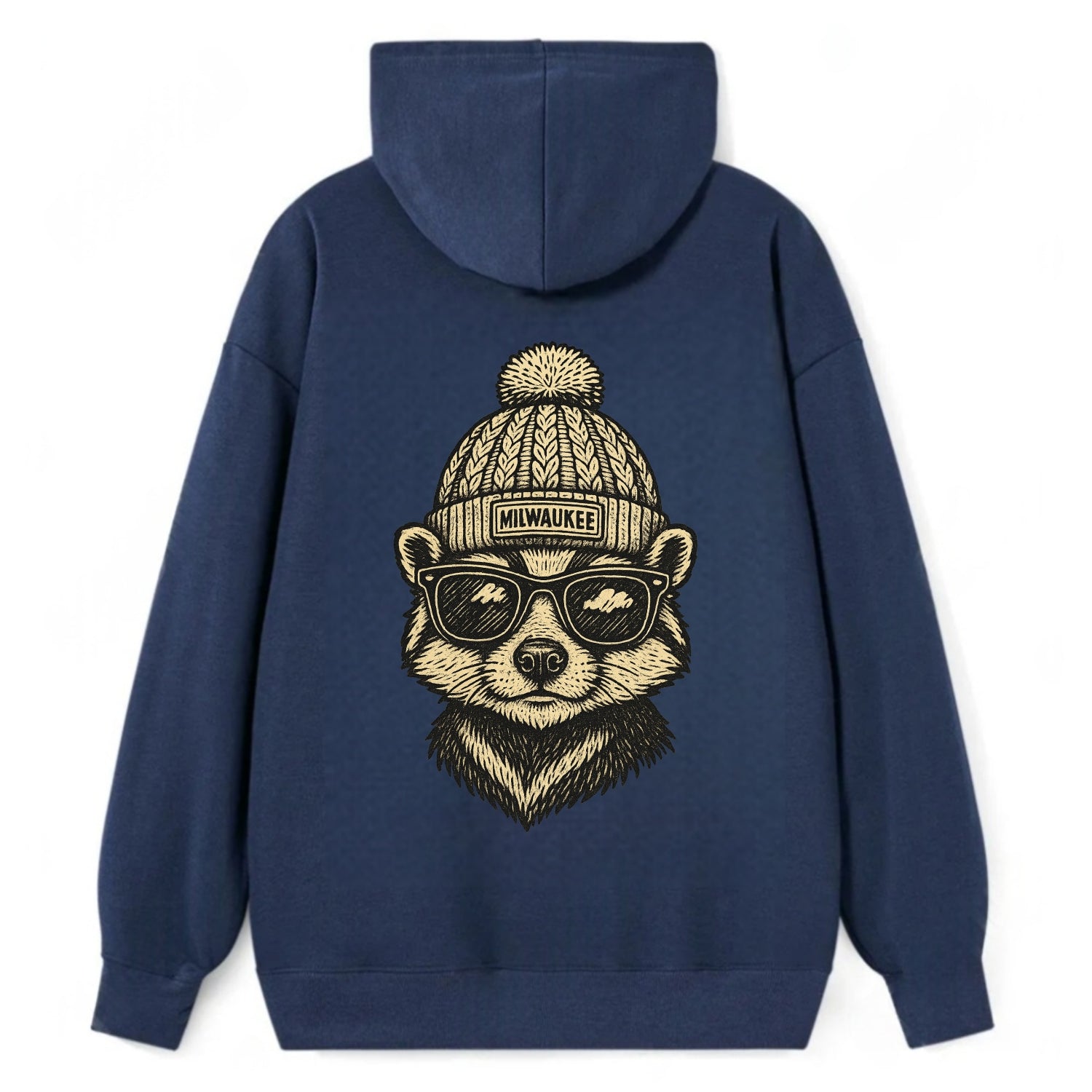 Wisconsin Badger wearing Milwaukee beanie with pom pom and wayfarer - Classic Pullover Hoodie - Navy
