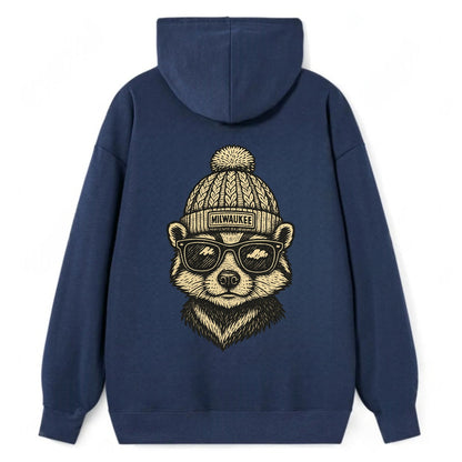 Wisconsin Badger wearing Milwaukee beanie with pom pom and wayfarer - Classic Pullover Hoodie - Navy