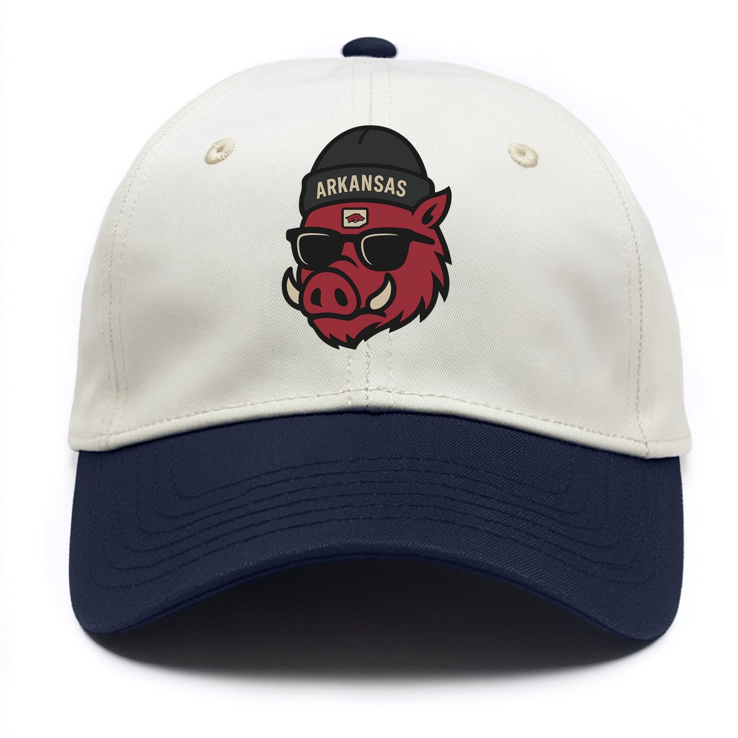 Fayetteville Razorback wearing Arkansas beanie with hog patch - Two Tone Cap - Navy