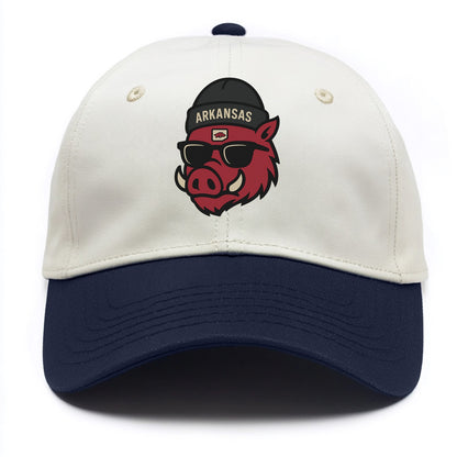 Fayetteville Razorback wearing Arkansas beanie with hog patch - Two Tone Cap - Navy