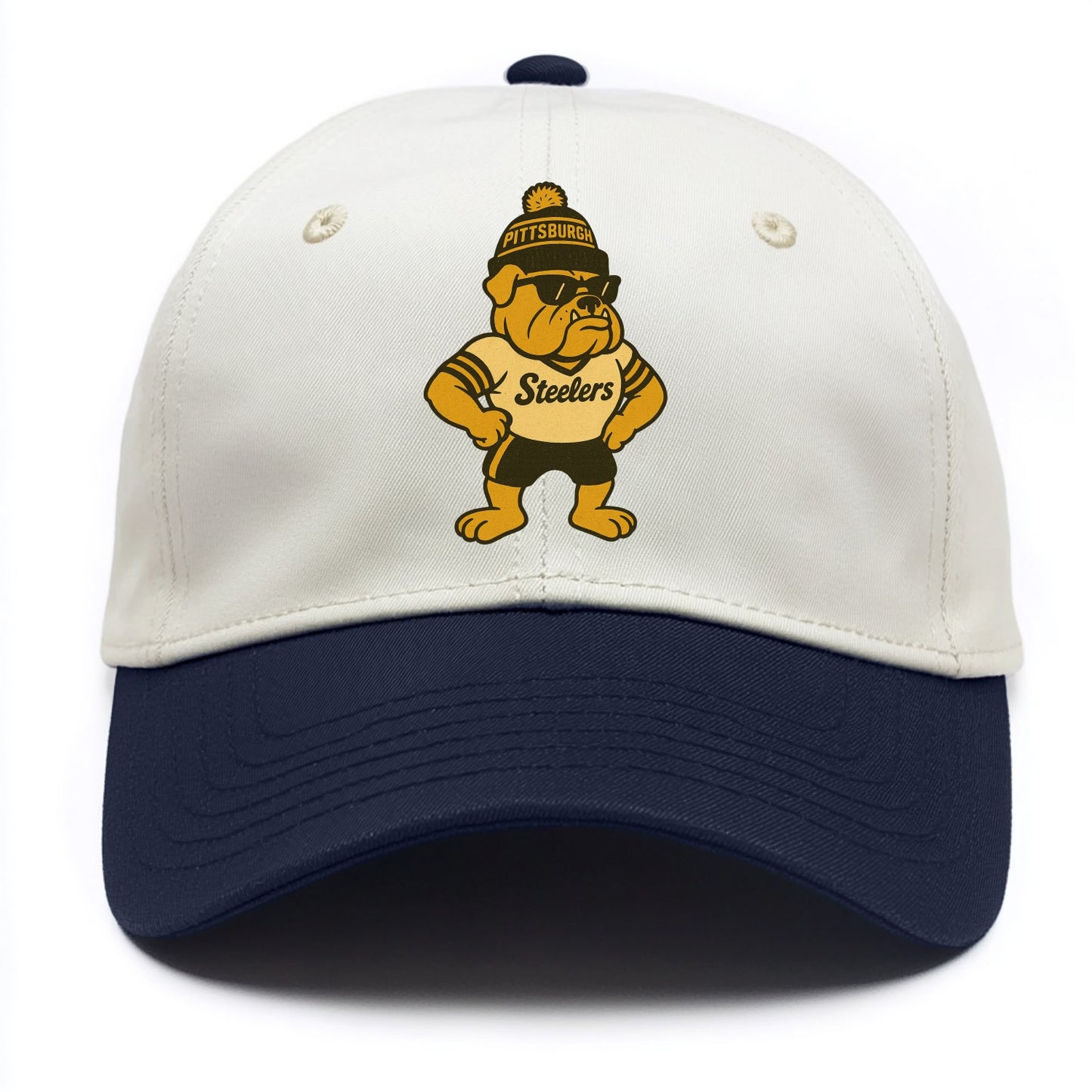 Pittsburgh Bulldog wearing Steelers black and gold beanie with pom pom and wayfarer - Two Tone Cap - Navy