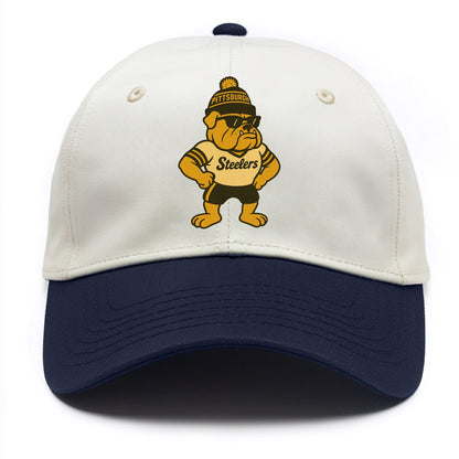 Pittsburgh Bulldog wearing Steelers black and gold beanie with pom pom and wayfarer - Two Tone Cap - Navy