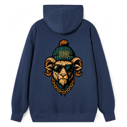 Fort Collins Ram wearing Colorado State beanie with CSU patch - Classic Pullover Hoodie - Navy