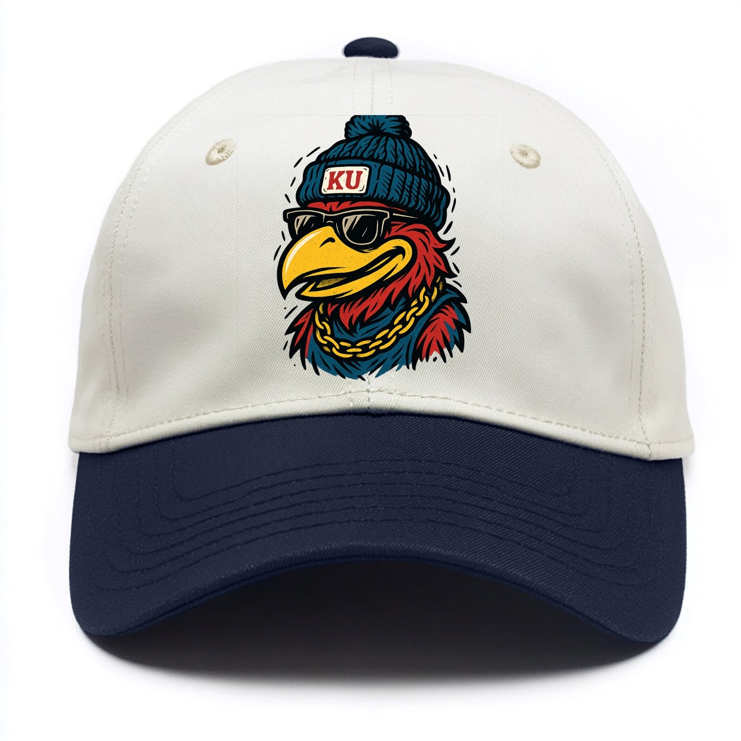 Lawrence Jayhawk wearing Kansas beanie with KU patch - Two Tone Cap - Navy