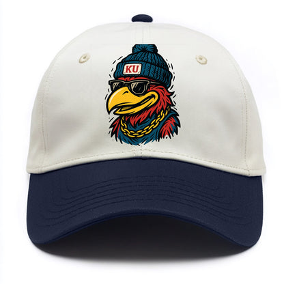 Lawrence Jayhawk wearing Kansas beanie with KU patch - Two Tone Cap - Navy