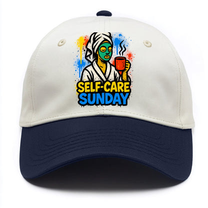 Person in bathrobe with face mask and tea - self-care Sunday ritual, wellness - Two Tone Cap - Navy